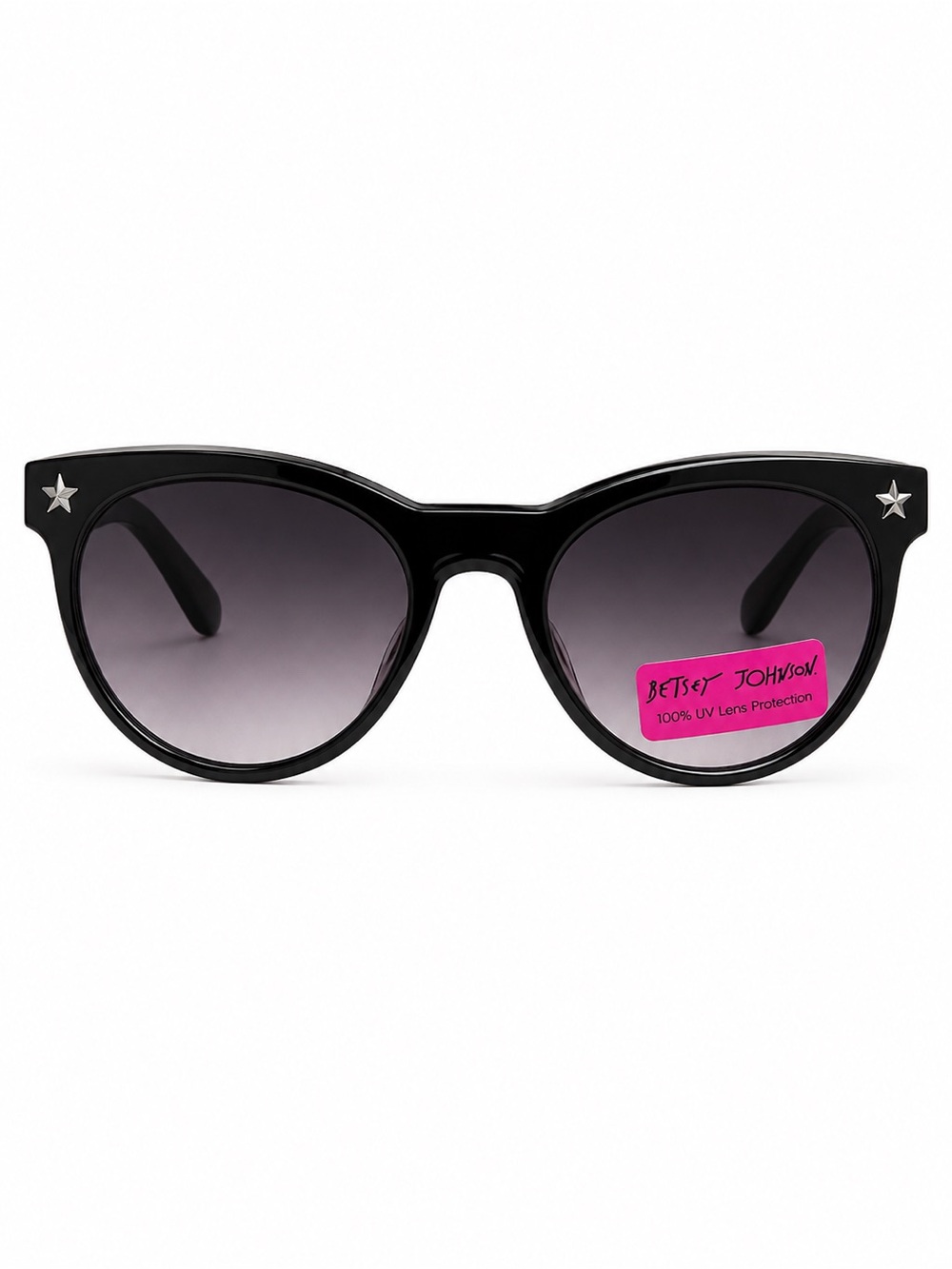 Betsey Johnson Black Cat Eye Sunglasses Silver Star Accents Gray Gradient Lenses